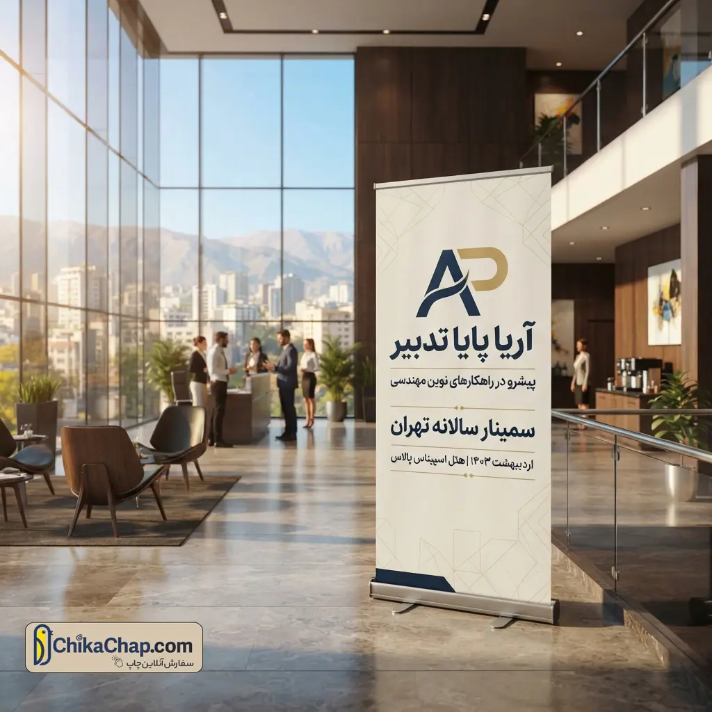 چاپ سولیت رول آپ در لابی شرکت، نمونه چاپ باکیفیت و ضد نور برای فضای اداری.